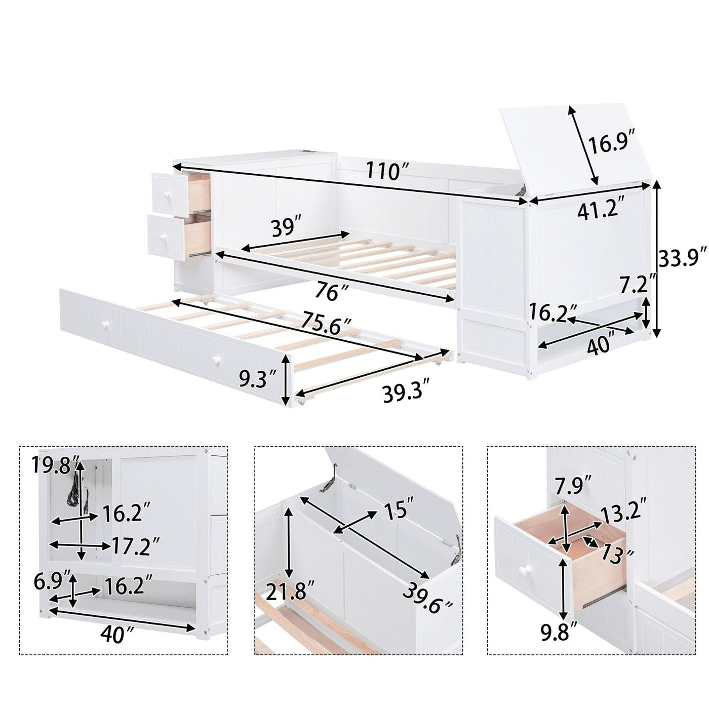 Twin-Size Daybed With Storage Trundle And Built-In Charging Station