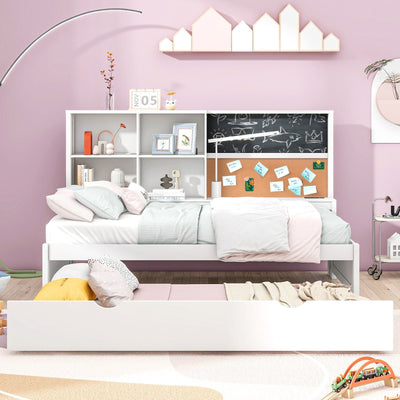 Twin Size Daybed With Storage Shelves USB Ports Trundle Bed