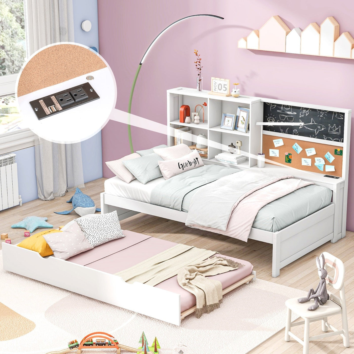 Twin Size Daybed With Storage Shelves USB Ports Trundle Bed