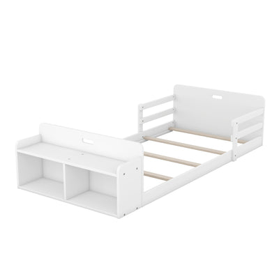 Twin Size Floor Bed With Storage Footboard And Safety Guardrail
