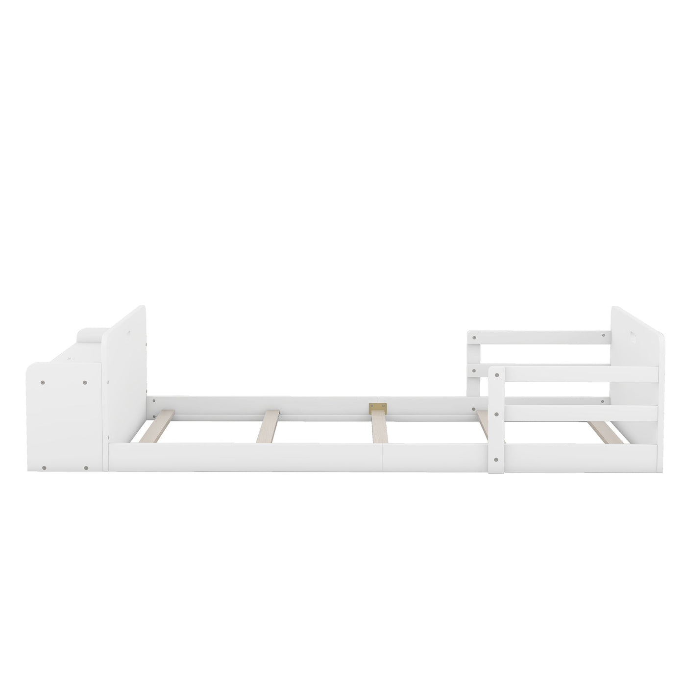 Twin Size Floor Bed With Storage Footboard And Safety Guardrail