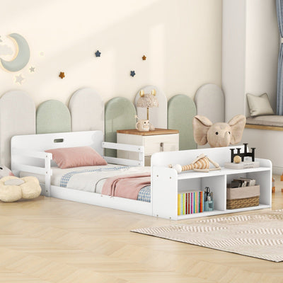 Twin Size Floor Bed With Storage Footboard And Safety Guardrail