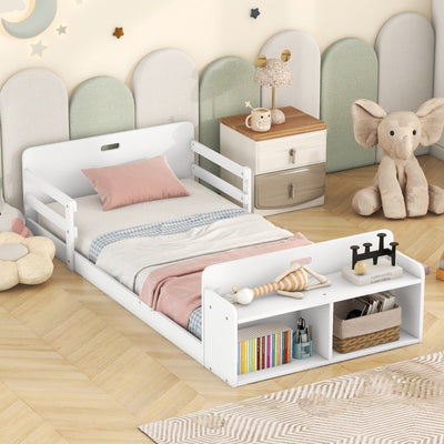 Twin Size Floor Bed With Storage Footboard And Safety Guardrail