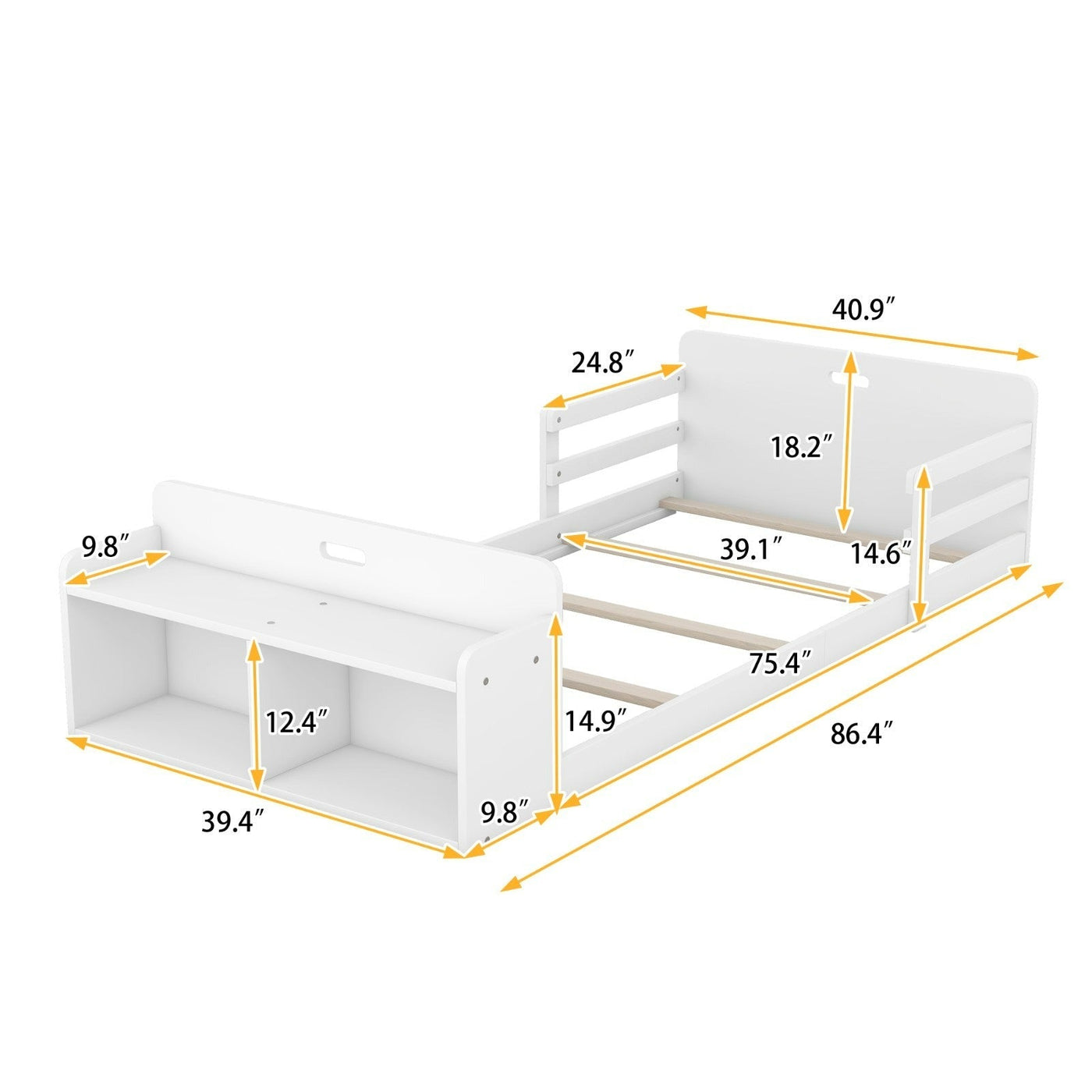 Twin Size Floor Bed With Storage Footboard And Safety Guardrail