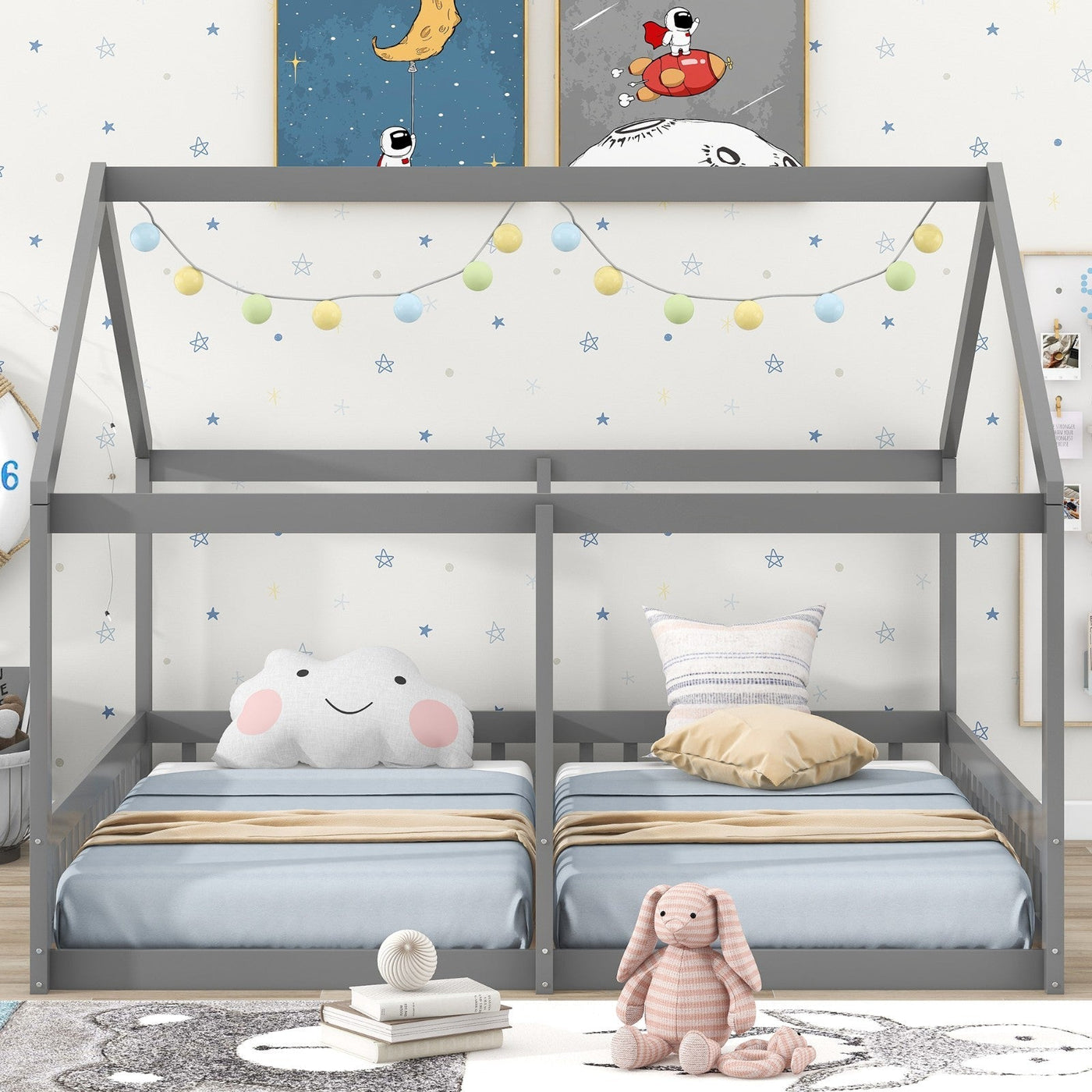 Twin-Size House Platform Bed With Two Shared Beds For Kids