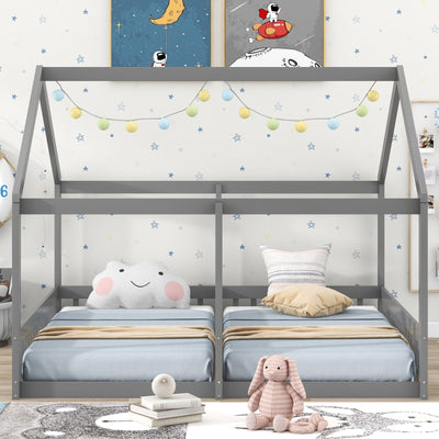 Twin-Size House Platform Bed With Two Shared Beds For Kids