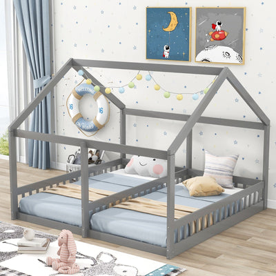 Twin-Size House Platform Bed With Two Shared Beds For Kids