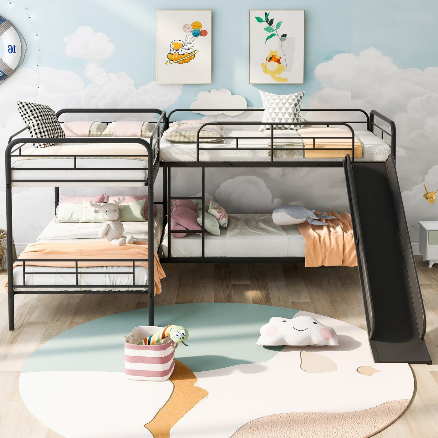 Twin-Size L-Shaped Bunk Bed With Slide Ladder Durable Design