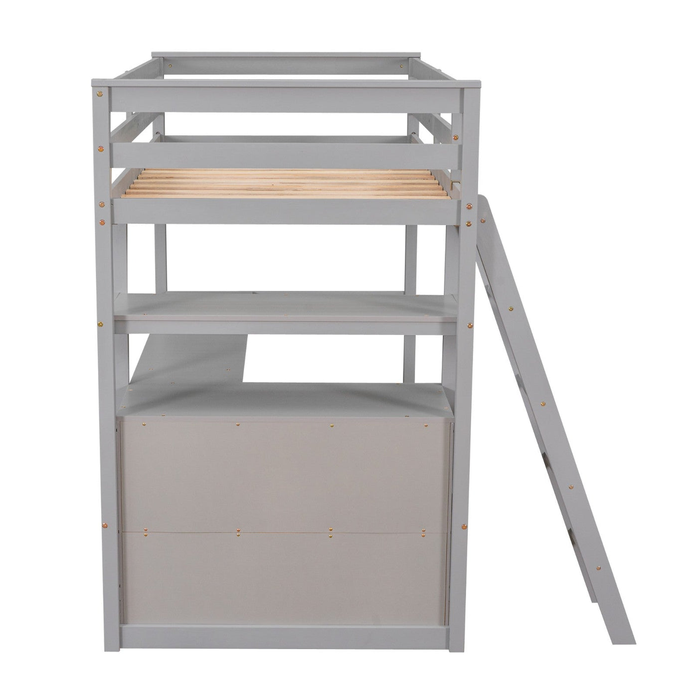 Twin Size Loft Bed With Desk Shelves And Two Built-in Drawers