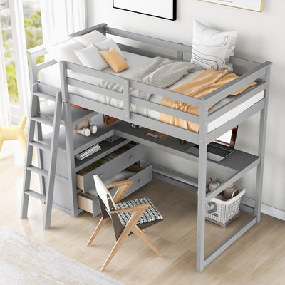 Twin Size Loft Bed With Desk Shelves And Two Built-in Drawers