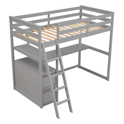 Twin Size Loft Bed With Desk Shelves And Two Built-in Drawers