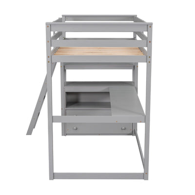 Twin Size Loft Bed With Desk Shelves And Two Built-in Drawers