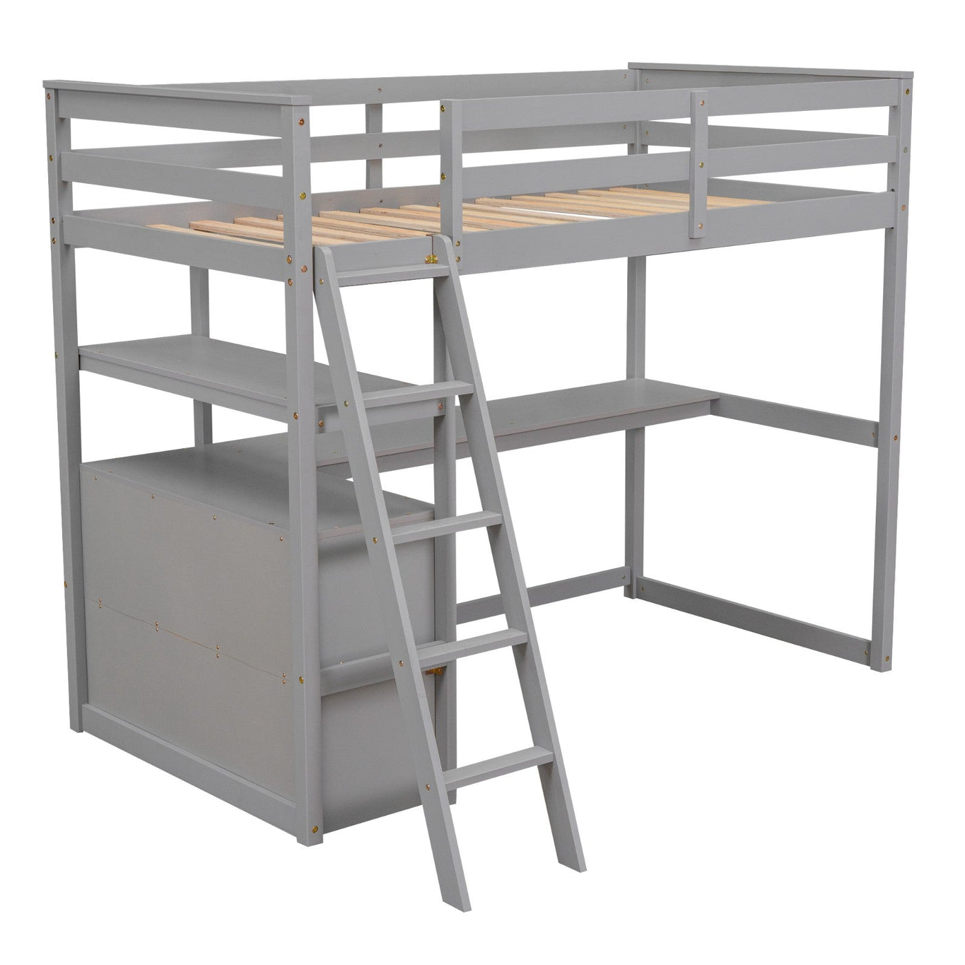 Twin Size Loft Bed With Desk Shelves And Two Built-in Drawers