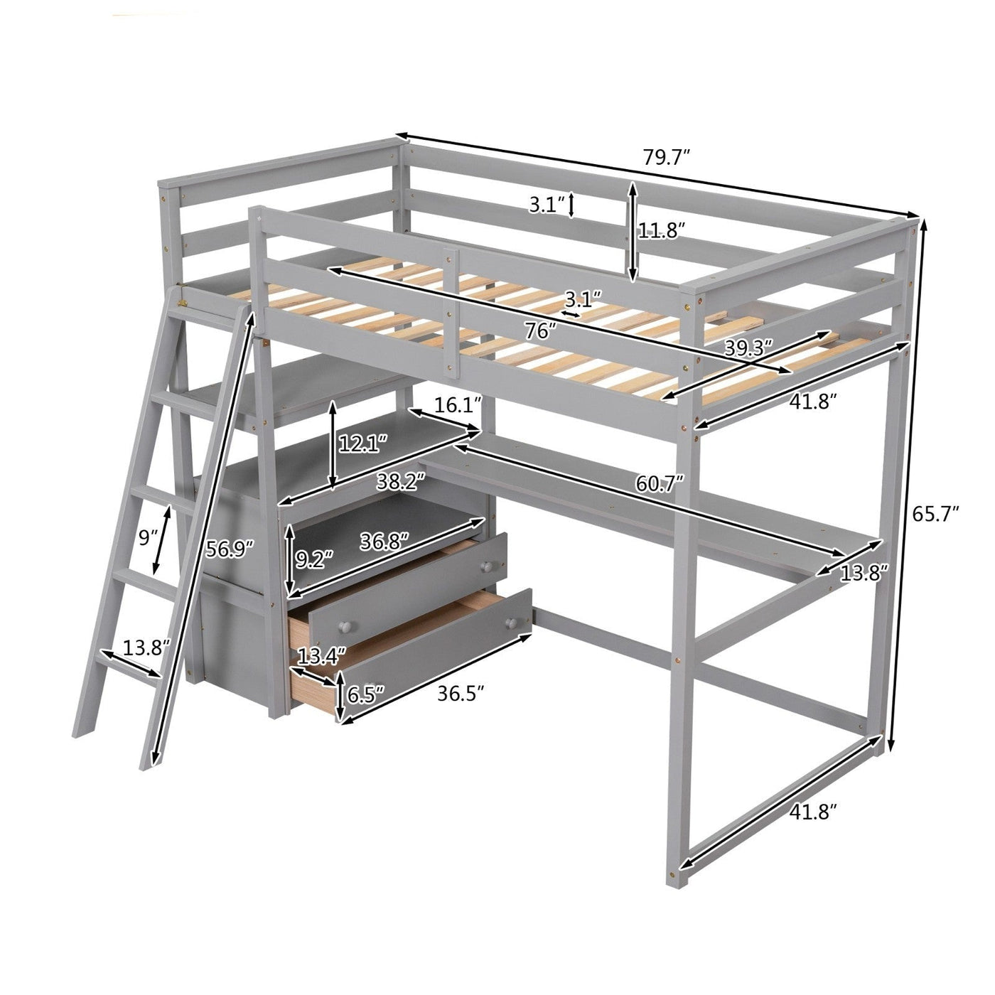 Twin Size Loft Bed With Desk Shelves And Two Built-in Drawers