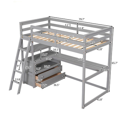 Twin Size Loft Bed With Desk Shelves And Two Built-in Drawers