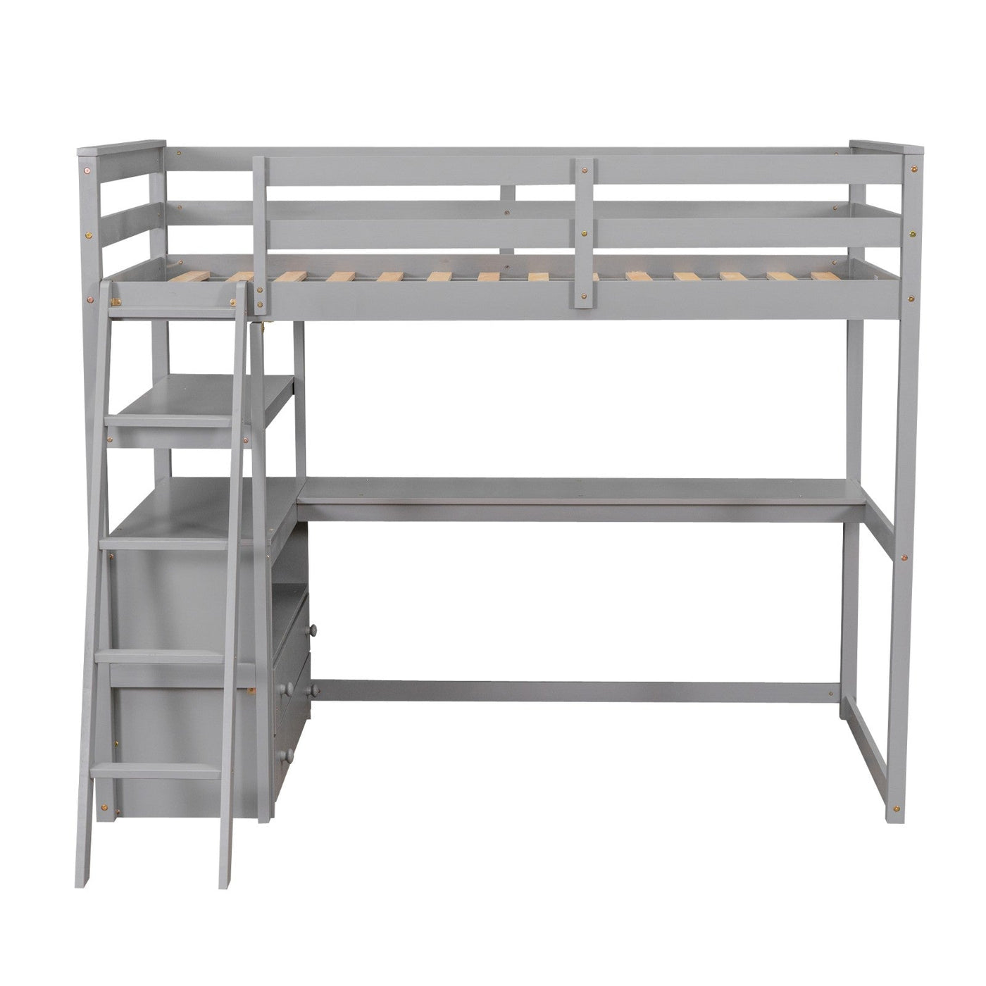Twin Size Loft Bed With Desk Shelves And Two Built-in Drawers