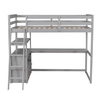 Twin Size Loft Bed With Desk Shelves And Two Built-in Drawers