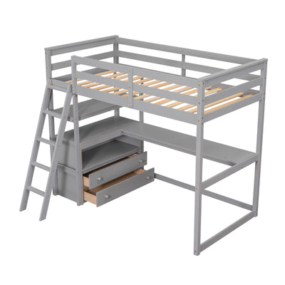 Twin Size Loft Bed With Desk Shelves And Two Built-in Drawers