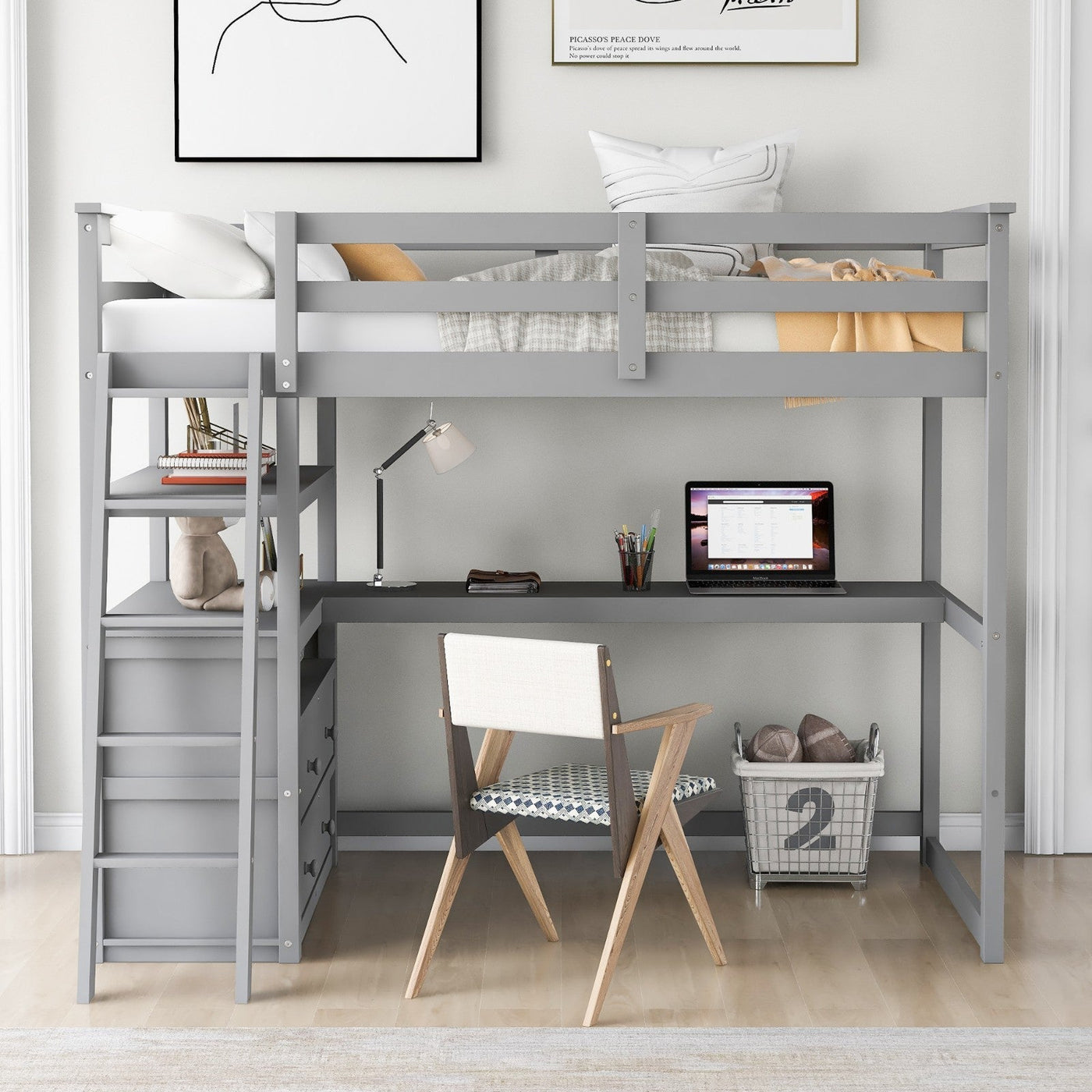 Twin Size Loft Bed With Desk Shelves And Two Built-in Drawers