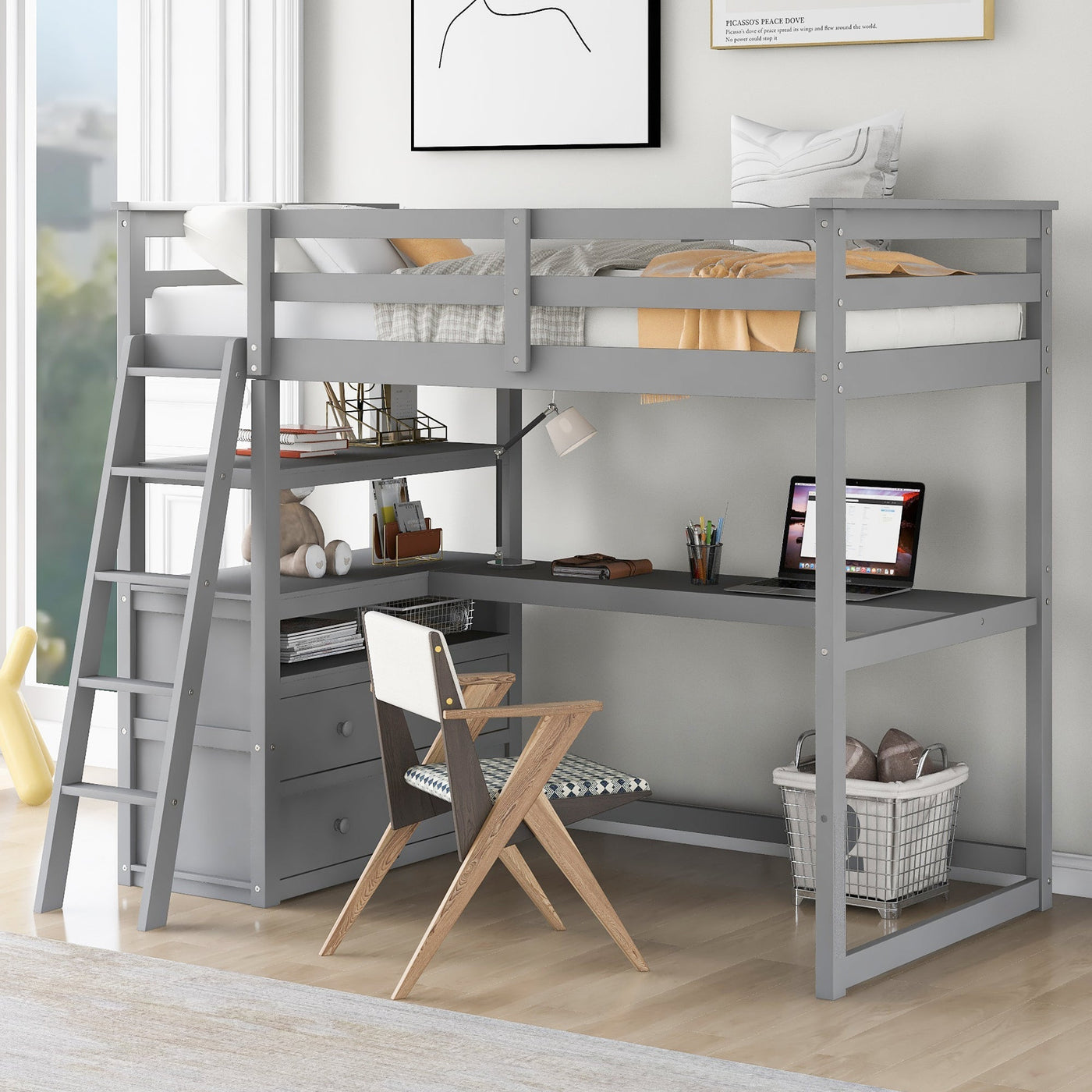 Twin Size Loft Bed With Desk Shelves And Two Built-in Drawers