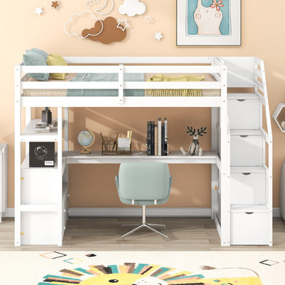 Twin Size Loft Bed With Desk Storage Shelves And Staircase Drawers