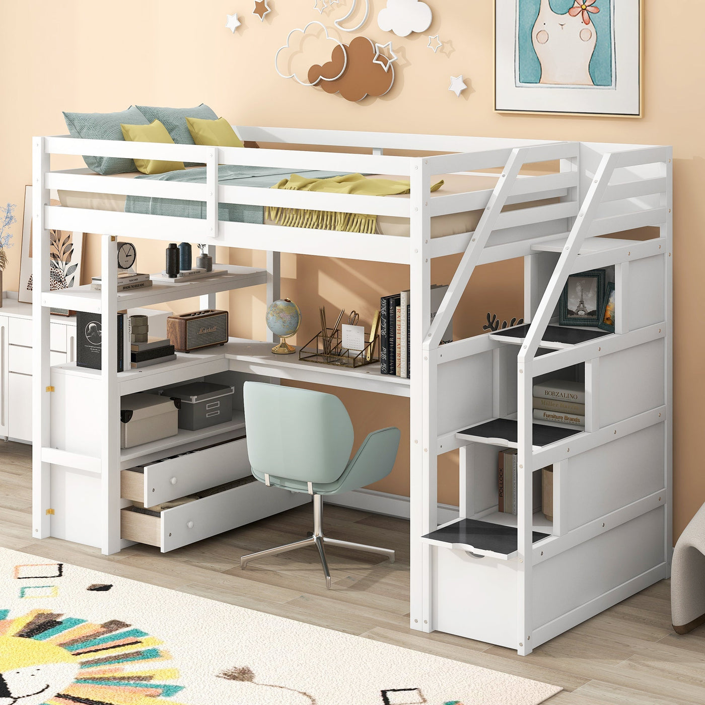 Twin Size Loft Bed With Desk Storage Shelves And Staircase Drawers