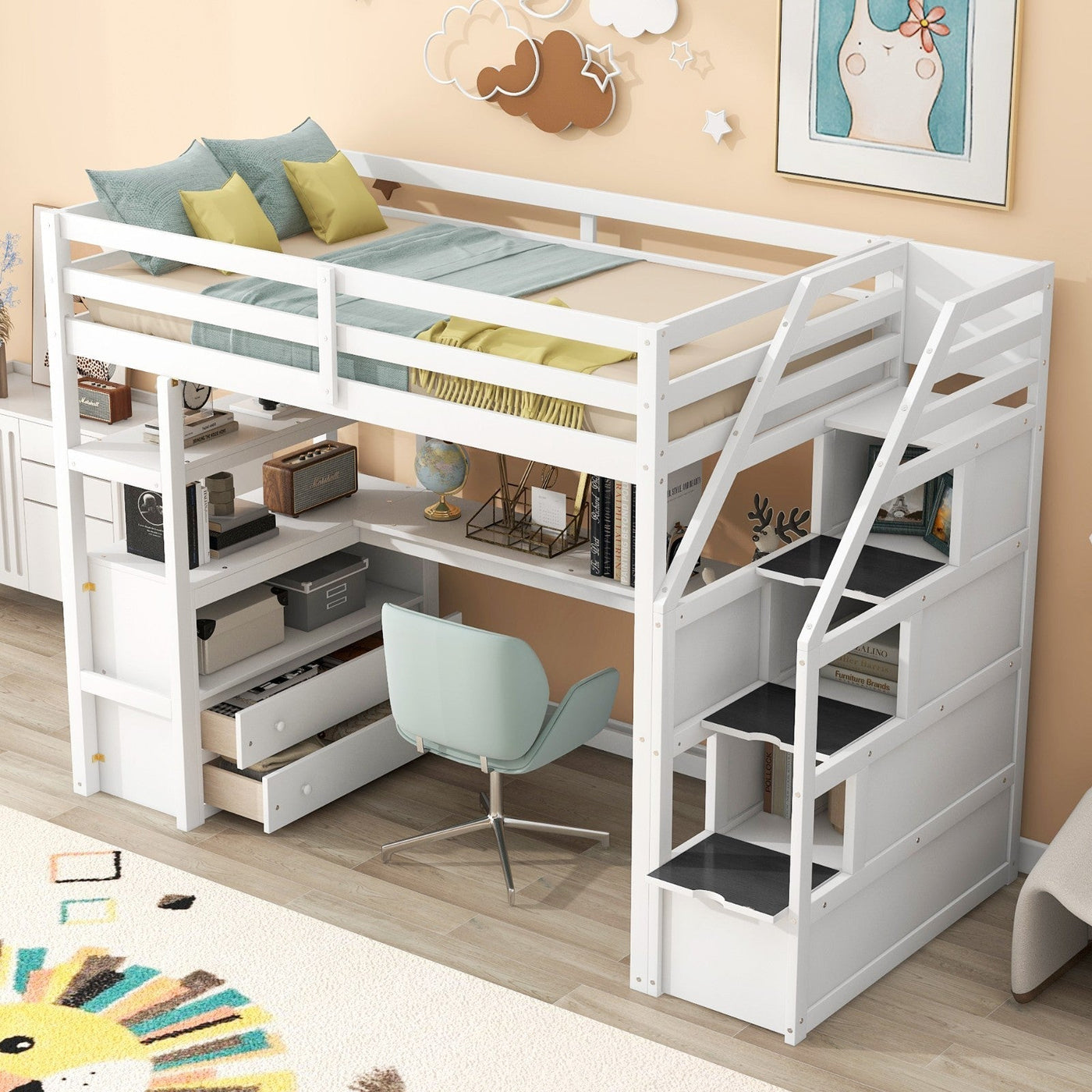 Twin Size Loft Bed With Desk Storage Shelves And Staircase Drawers
