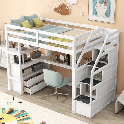 Twin Size Loft Bed With Desk Storage Shelves And Staircase Drawers