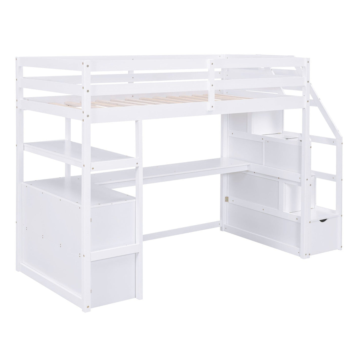 Twin Size Loft Bed With Desk Storage Shelves And Staircase Drawers