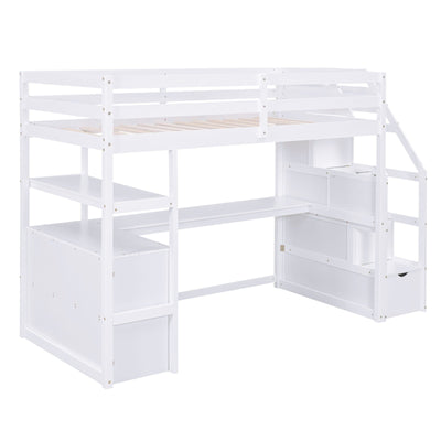 Twin Size Loft Bed With Desk Storage Shelves And Staircase Drawers