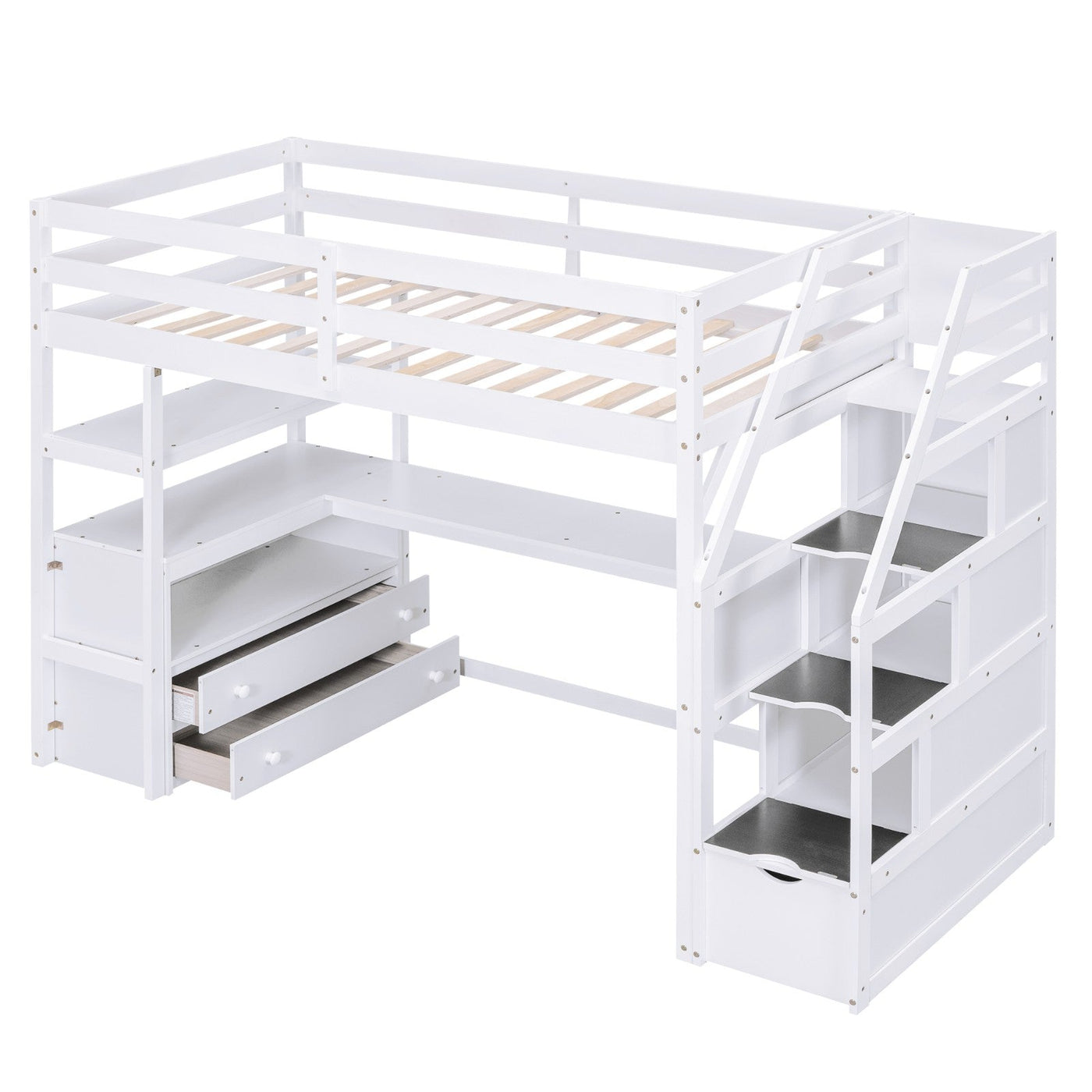 Twin Size Loft Bed With Desk Storage Shelves And Staircase Drawers