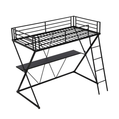 Twin Loft Bed With Desk Ladder Full-Length Guardrails X Frame