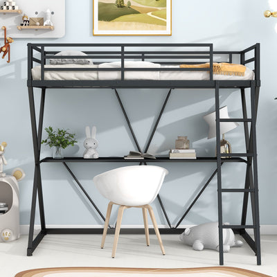 Twin Loft Bed With Desk Ladder Full-Length Guardrails X Frame