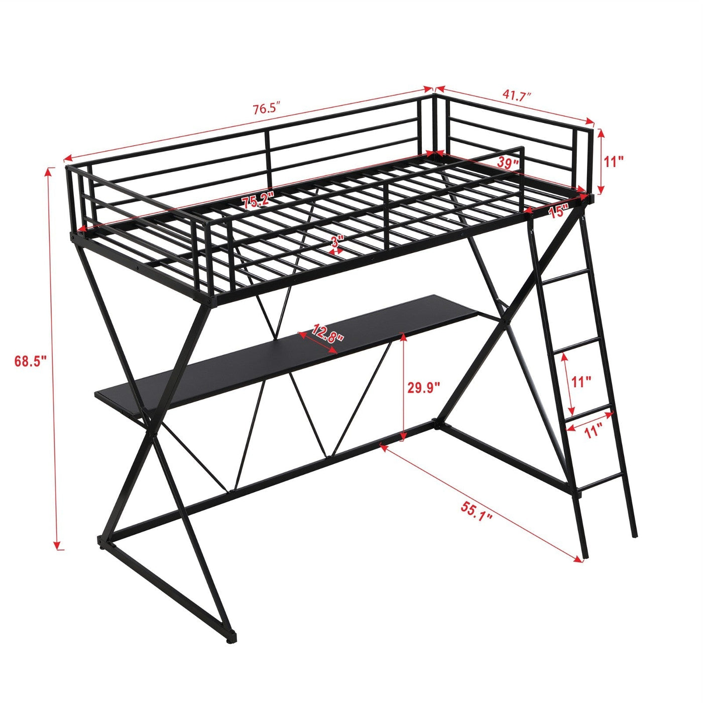 Twin Loft Bed With Desk Ladder Full-Length Guardrails X Frame