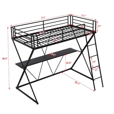 Twin Loft Bed With Desk Ladder Full-Length Guardrails X Frame