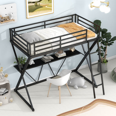 Twin Loft Bed With Desk Ladder Full-Length Guardrails X Frame