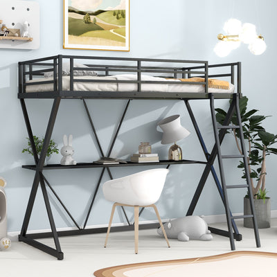 Twin Loft Bed With Desk Ladder Full-Length Guardrails X Frame