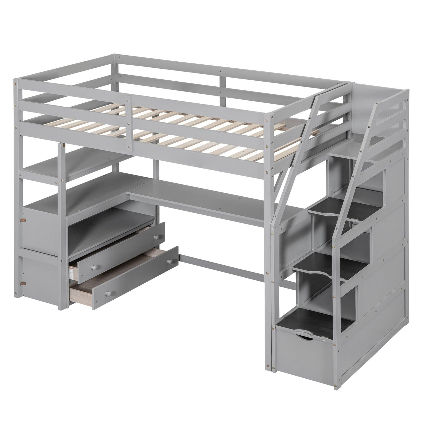 Twin Loft Bed With Desk Shelves Drawers And Storage Staircase
