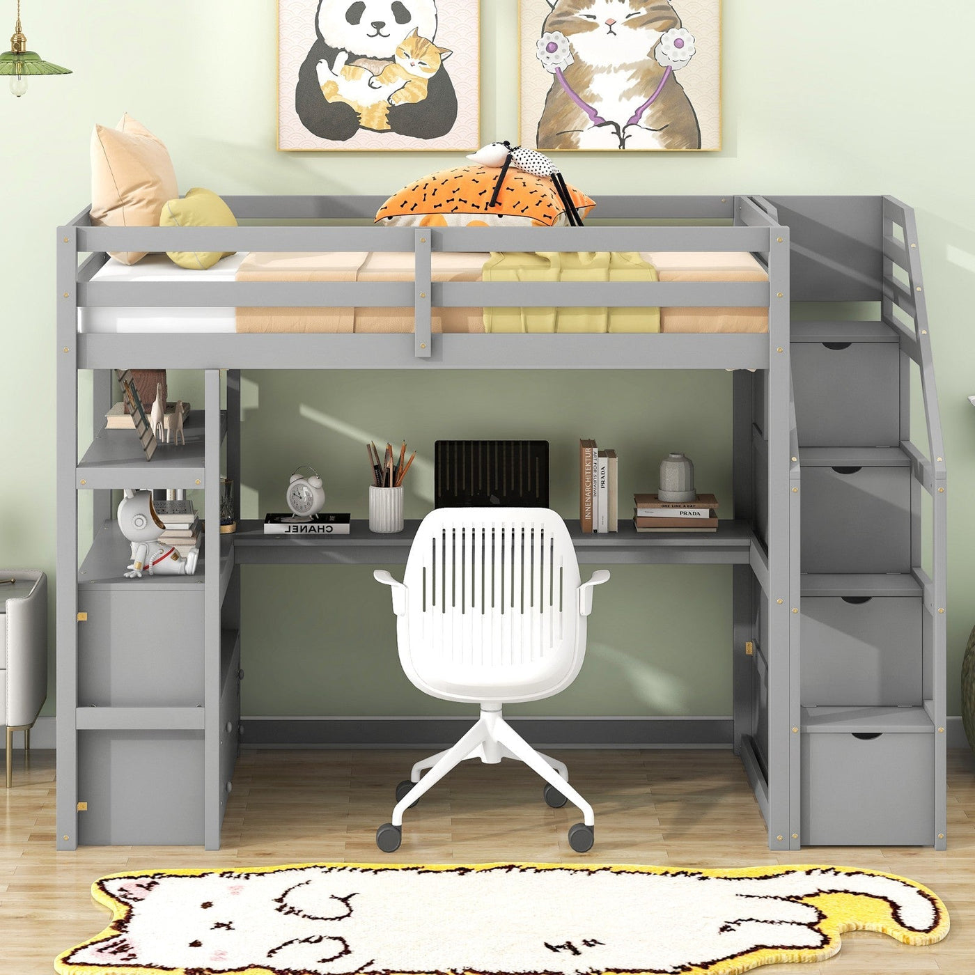 Twin Loft Bed With Desk Shelves Drawers And Storage Staircase