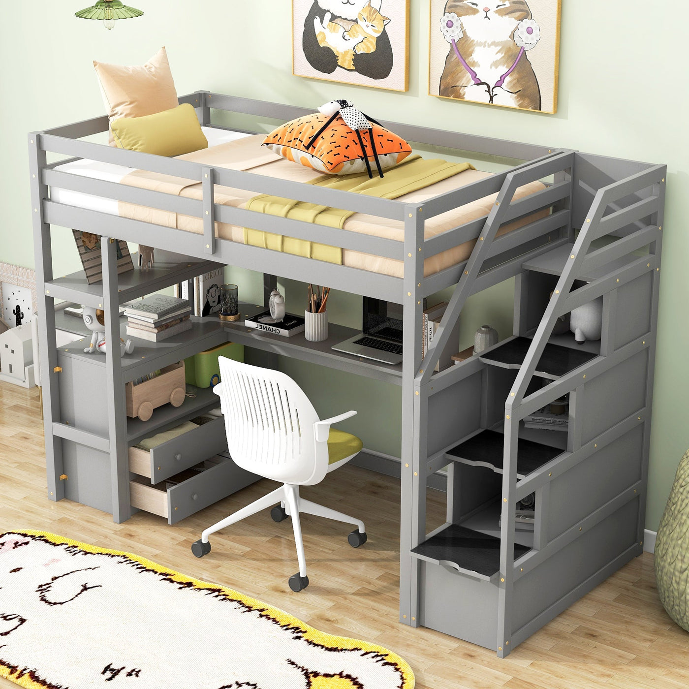 Twin Loft Bed With Desk Shelves Drawers And Storage Staircase