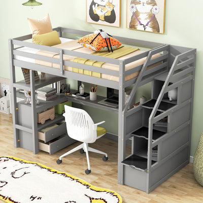 Twin Loft Bed With Desk Shelves Drawers And Storage Staircase