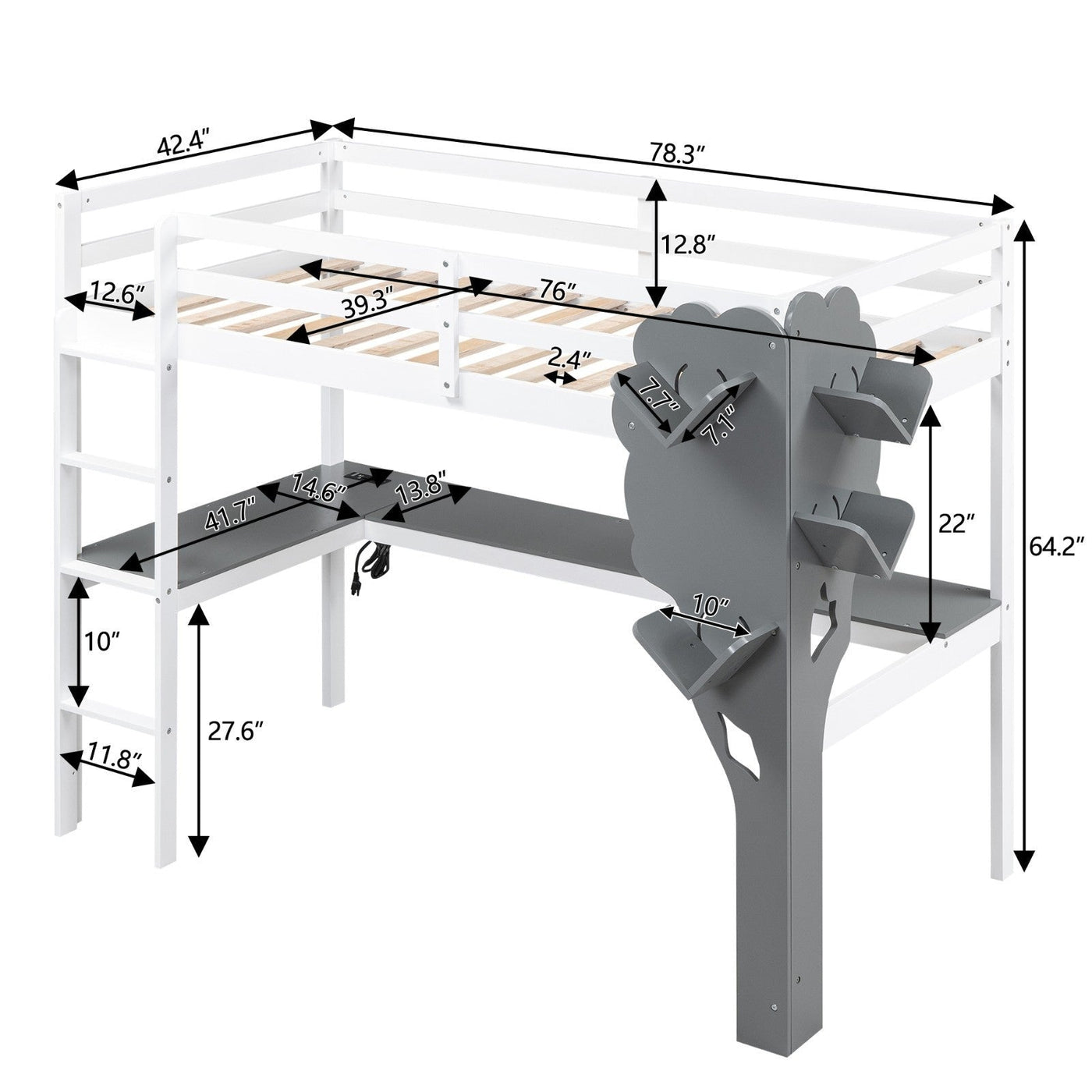 Twin Size Loft Bed With Desk Tree Bookcase Charging Station