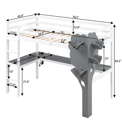 Twin Size Loft Bed With Desk Tree Bookcase Charging Station