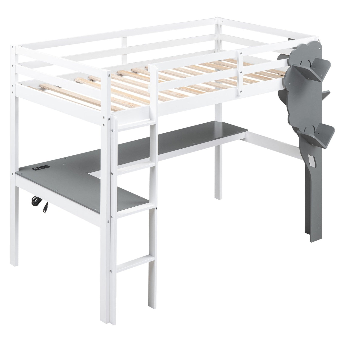 Twin Size Loft Bed With Desk Tree Bookcase Charging Station
