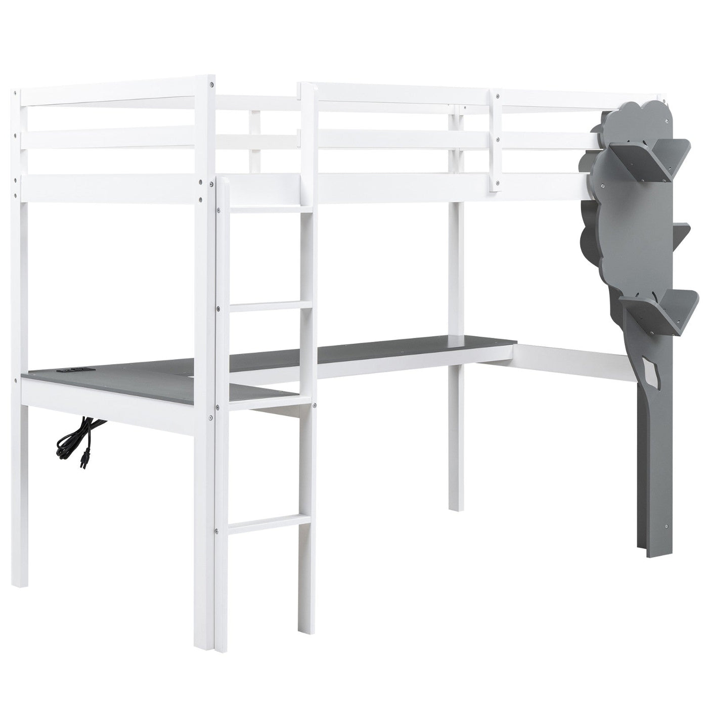 Twin Size Loft Bed With Desk Tree Bookcase Charging Station