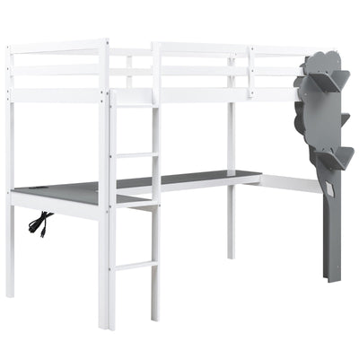 Twin Size Loft Bed With Desk Tree Bookcase Charging Station