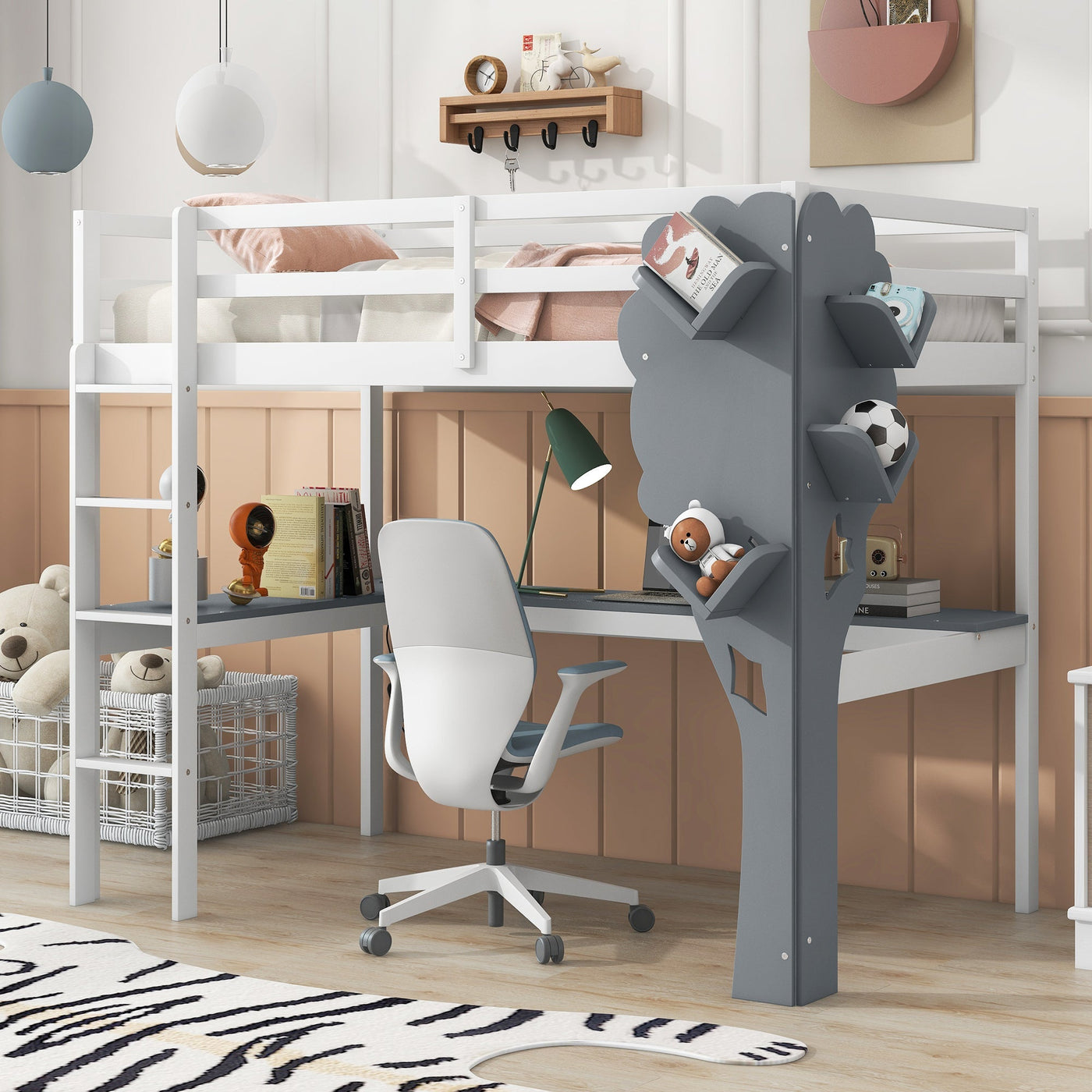 Twin Size Loft Bed With Desk Tree Bookcase Charging Station