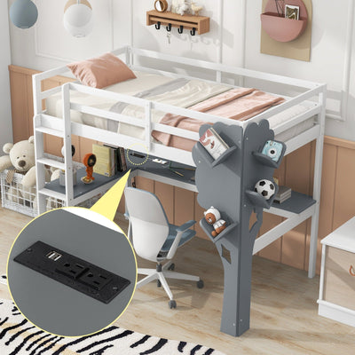 Twin Size Loft Bed With Desk Tree Bookcase Charging Station