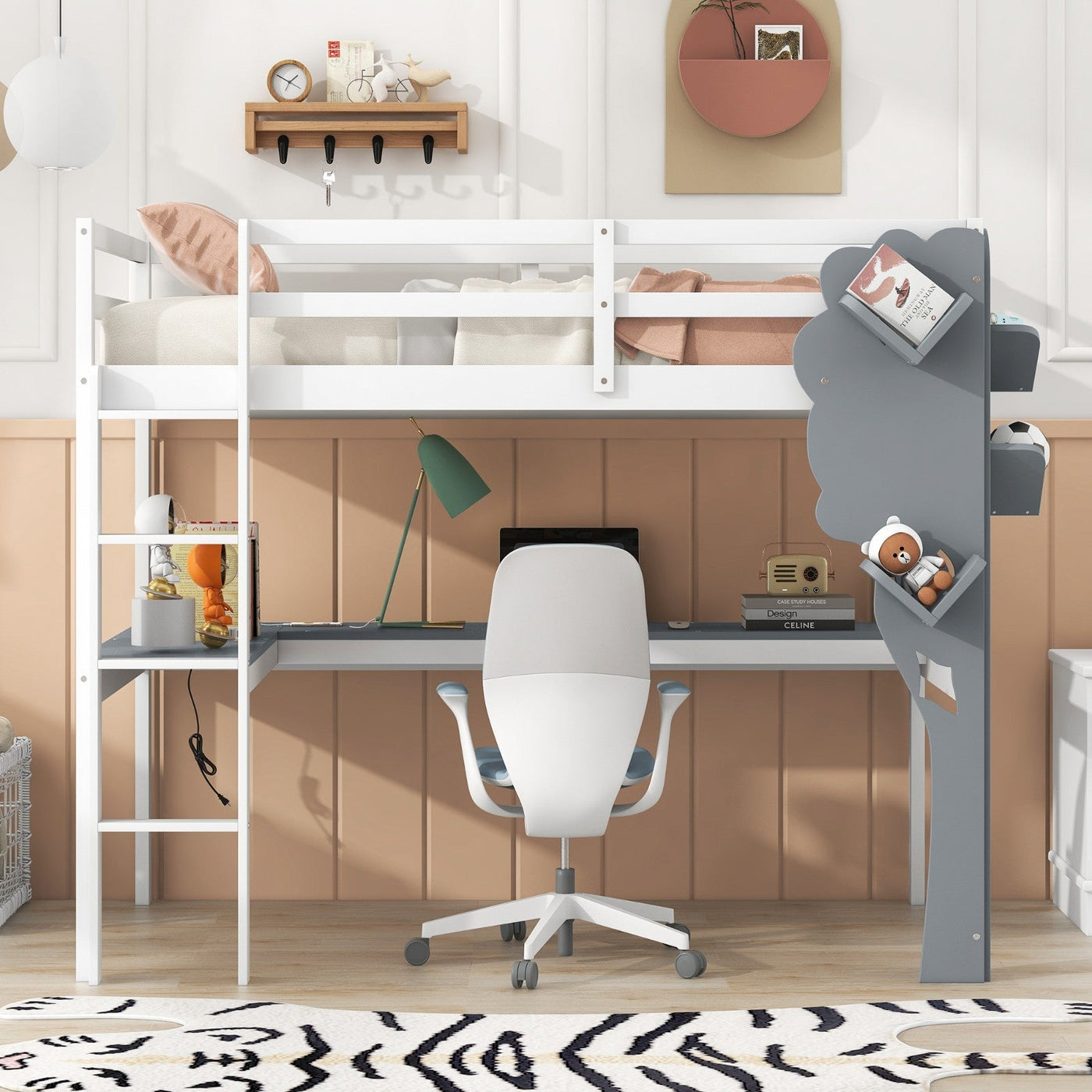 Twin Size Loft Bed With Desk Tree Bookcase Charging Station