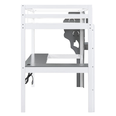 Twin Size Loft Bed With Desk Tree Bookcase Charging Station